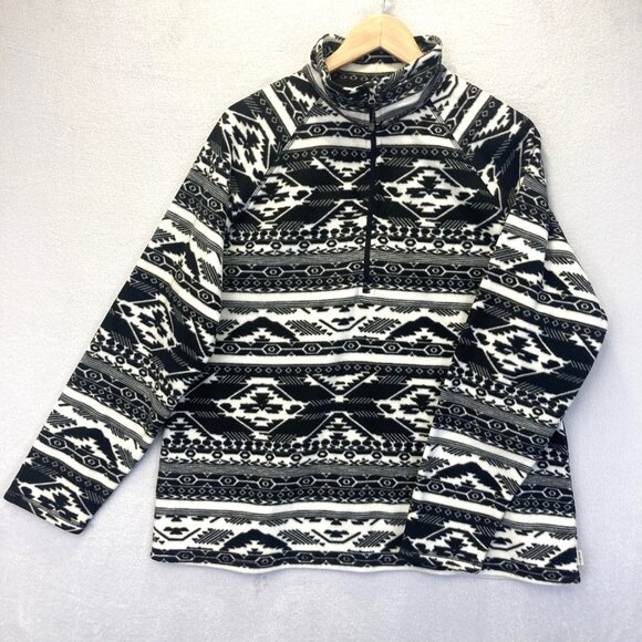 Eddie Bauer Fleece Half Zip Pullover Sweater Womens 2XL Black White Aztec Winter - Picture 1 of 15